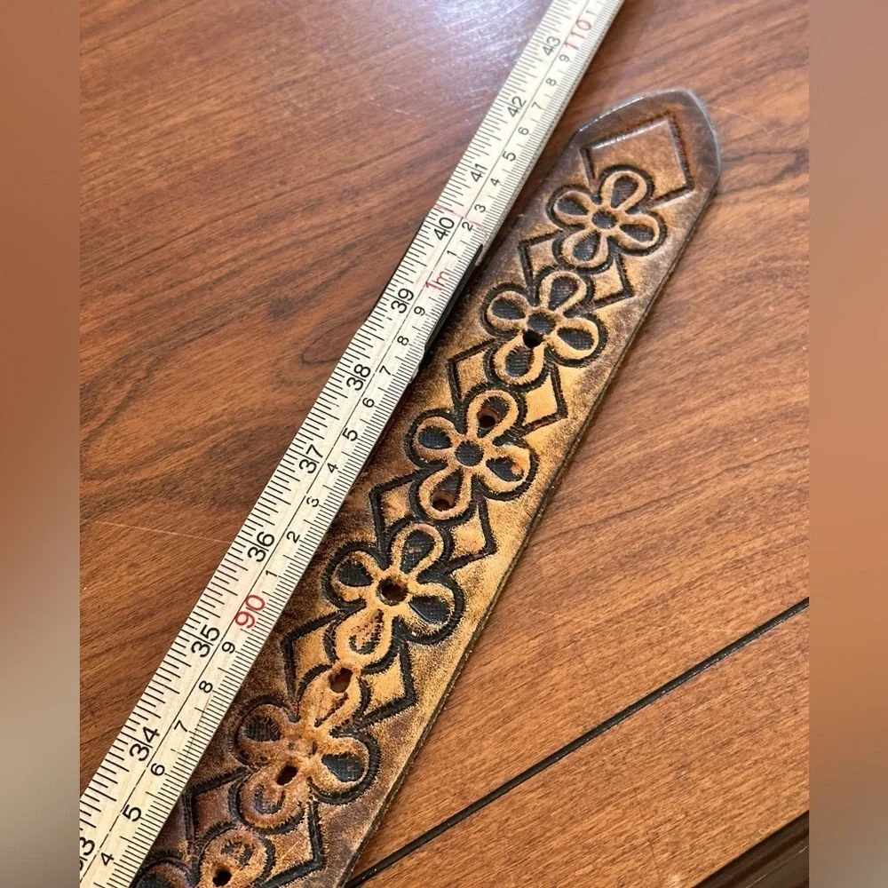 Vintage Tooled Leather Belt Wood Mother-of-Pearl Inlay Western Boho Archive